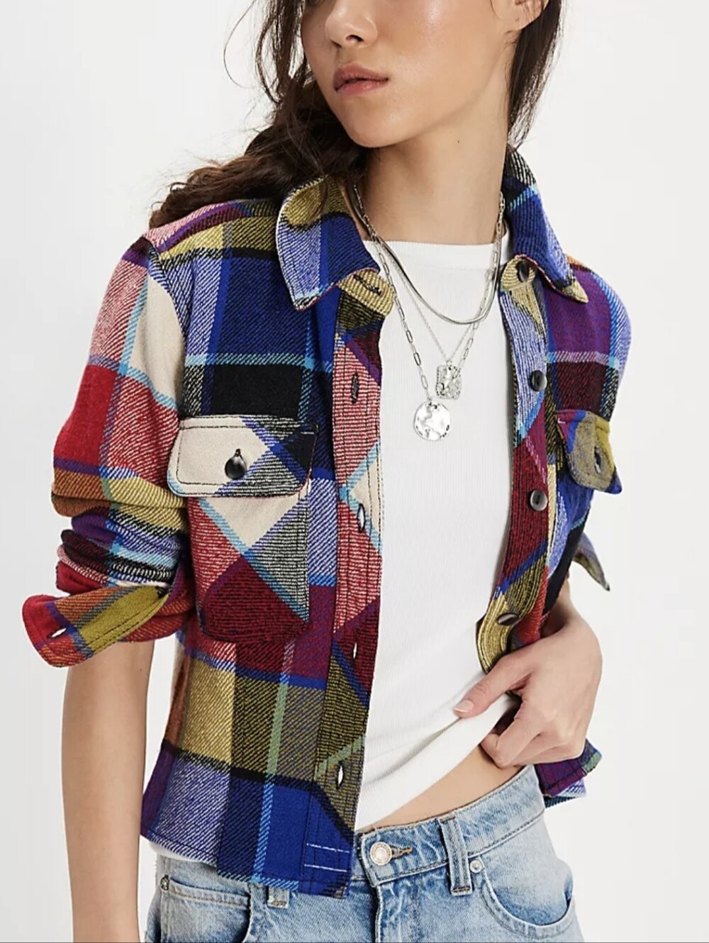 We The Free Multicolor Plaid Bright Colours Shirt Jacket in Blue, Red, Yellow,Bl